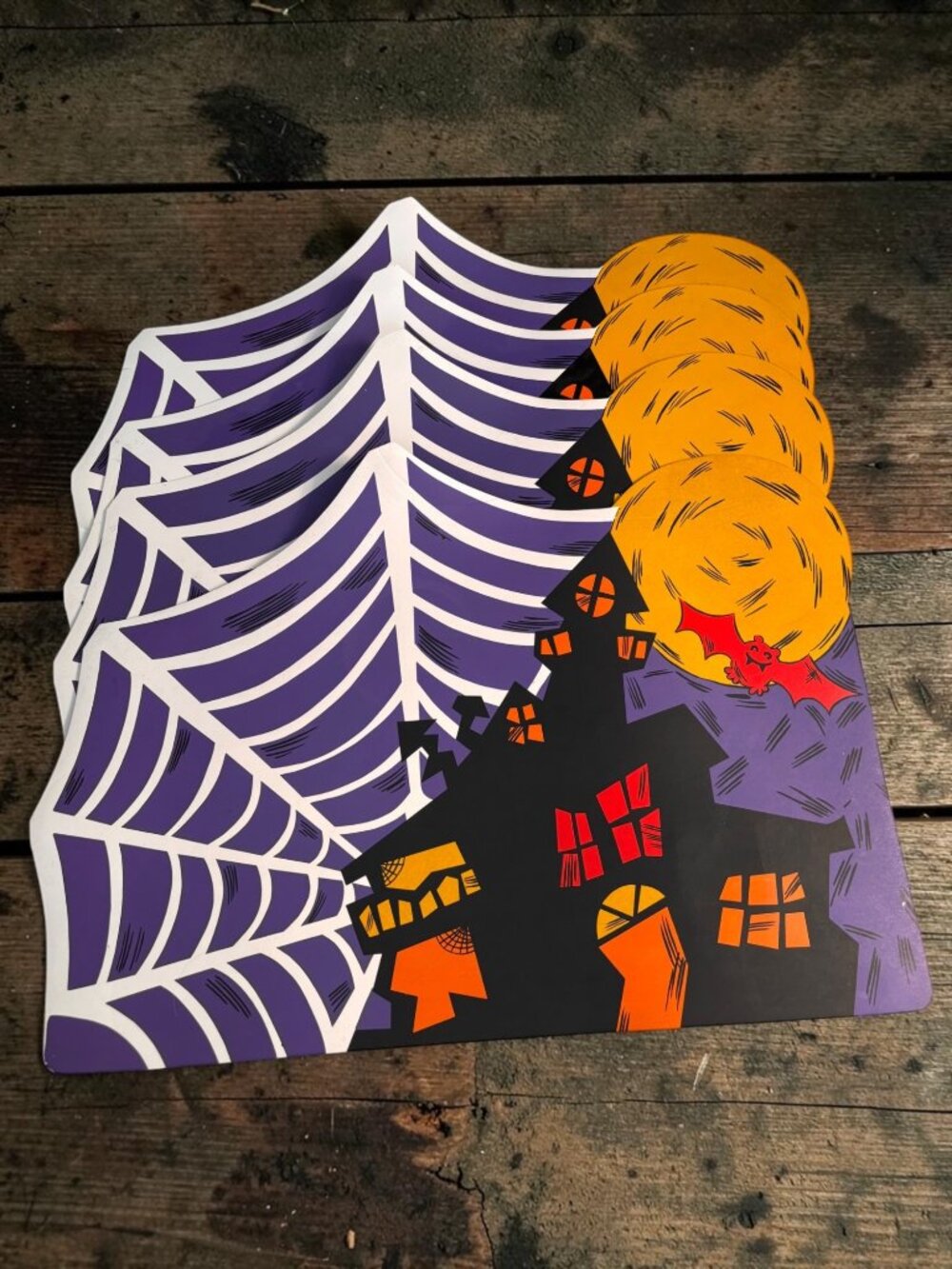 Haunted Halloween Spiderweb Vinyl Placemat Set With Moon & Bat Design By Bardwil